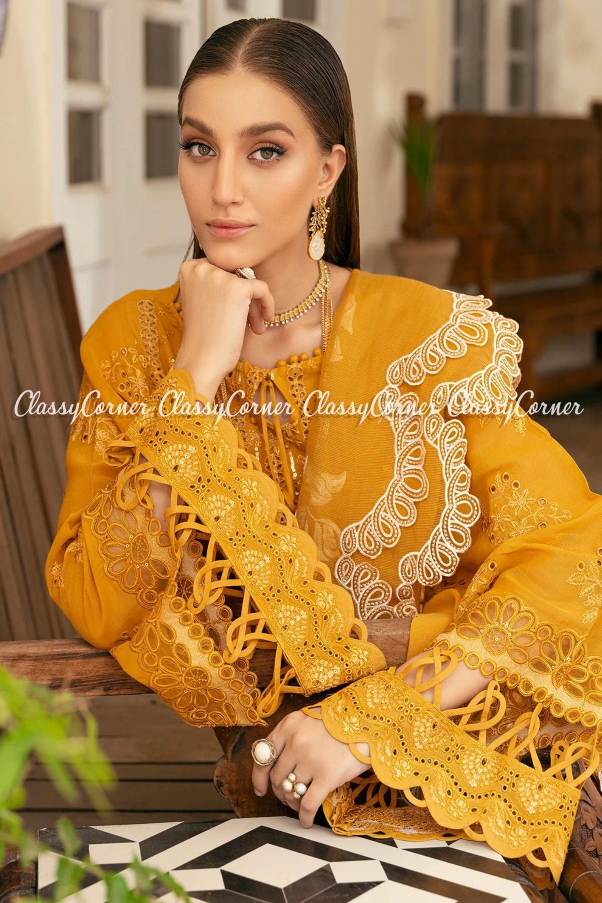 Mustard Yellow Lawn Organza Pakistani Salwar Kameez