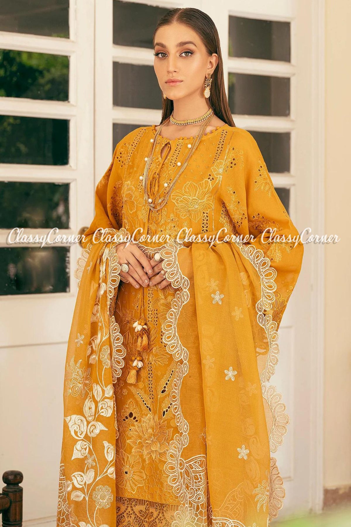 Mustard Yellow Lawn Organza Pakistani Salwar Kameez