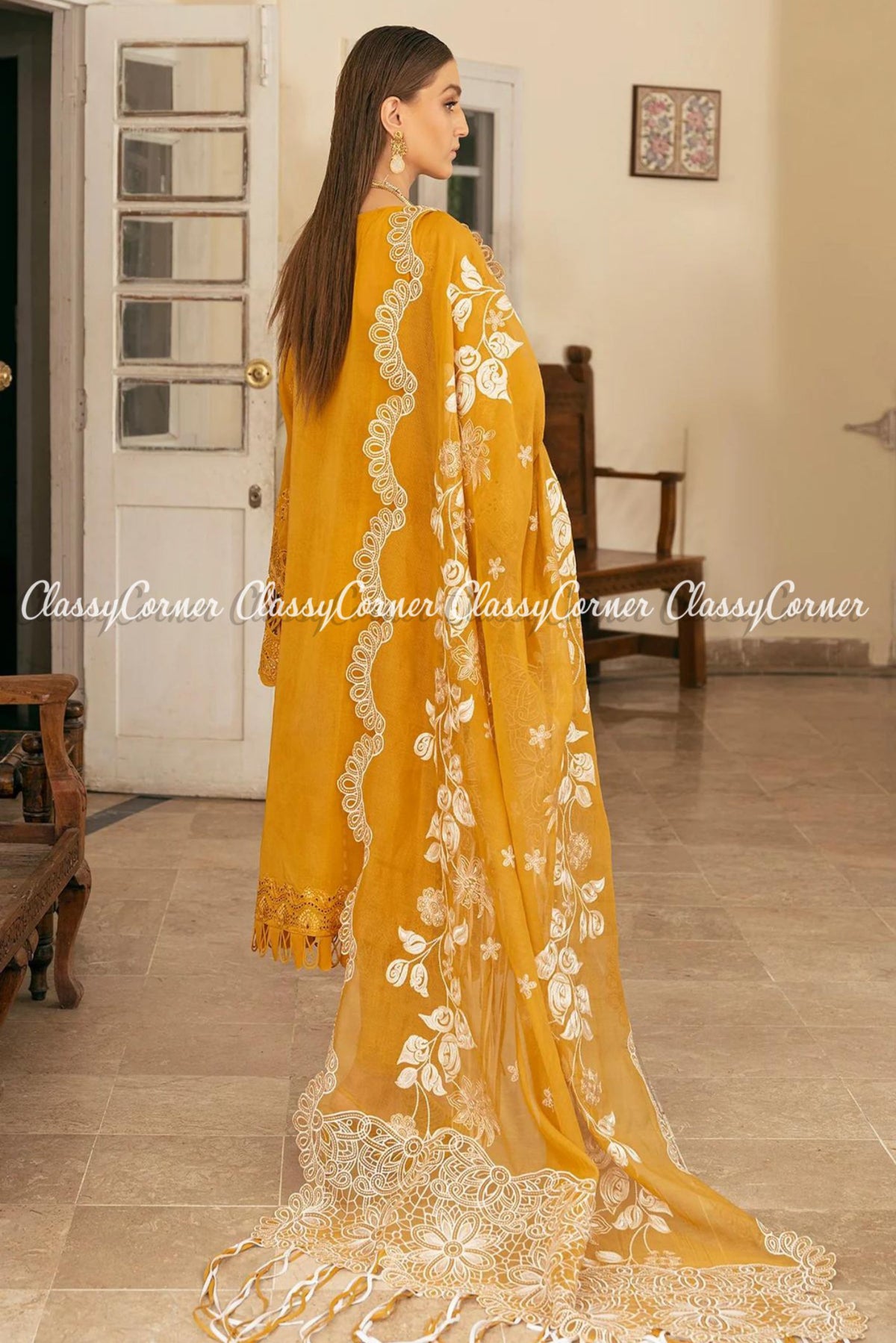 Mustard Yellow Lawn Organza Pakistani Salwar Kameez