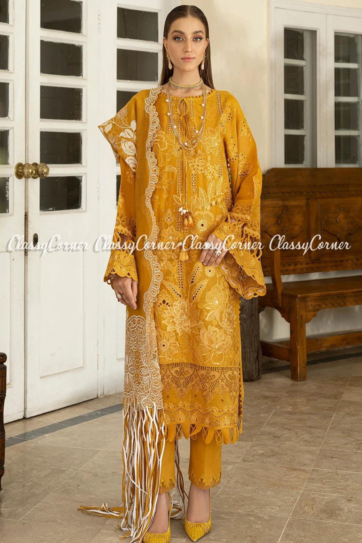 Mustard Yellow Lawn Organza Pakistani Salwar Kameez