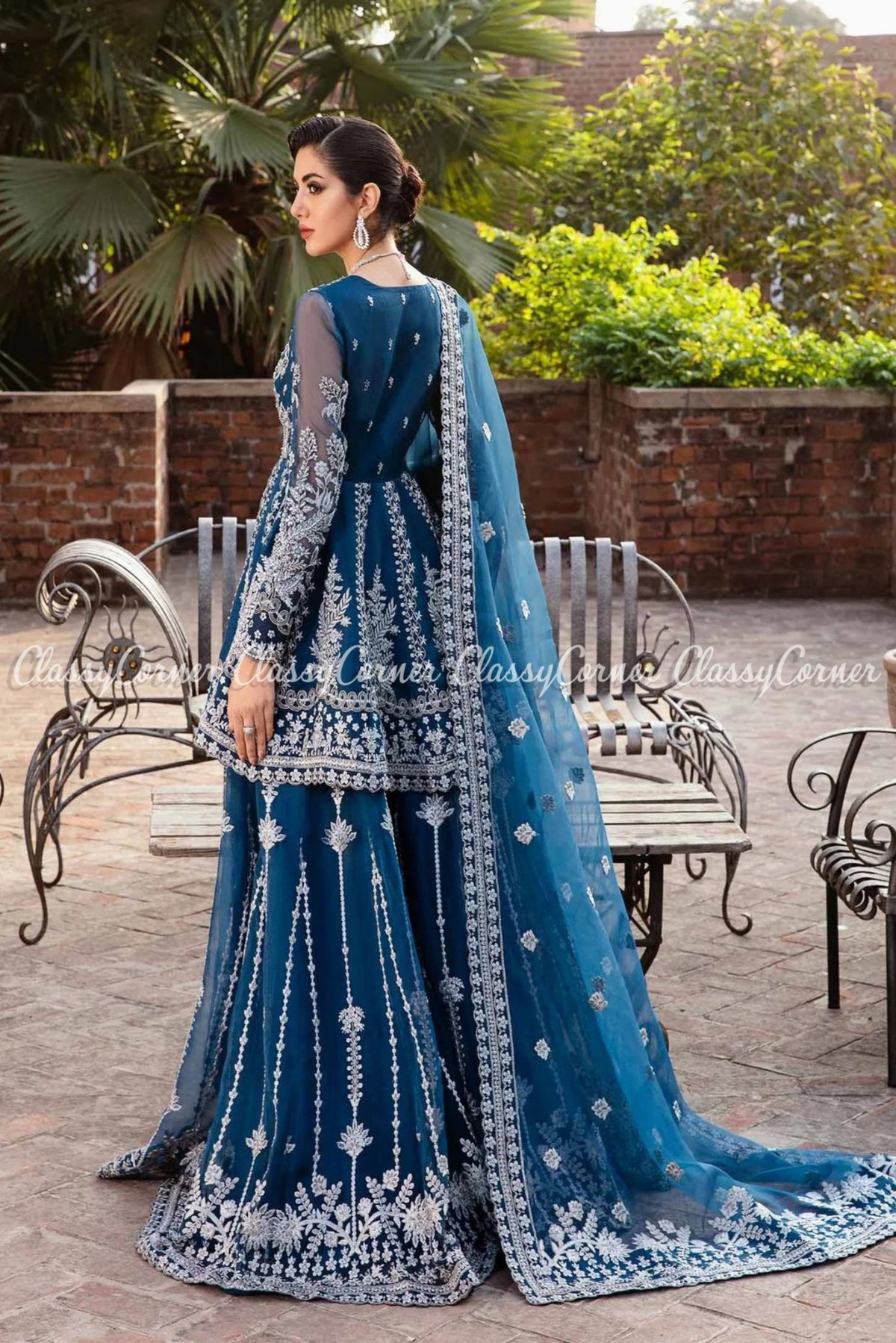 Navy Blue Organza Embroidered Party Wear Sharara Dress