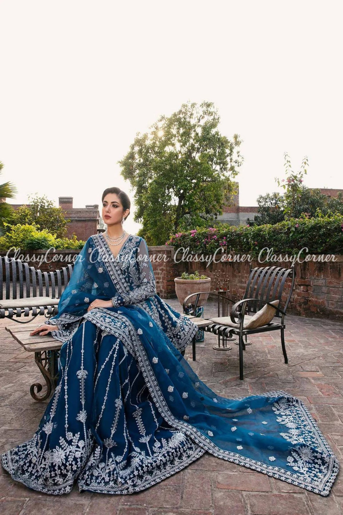 Navy Blue Organza Embroidered Party Wear Sharara Dress