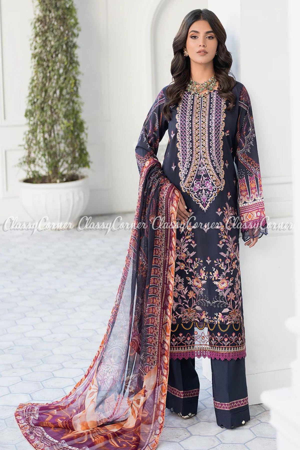 Navy Blue Orange Printed Lawn Embroidered Salwar Kameez