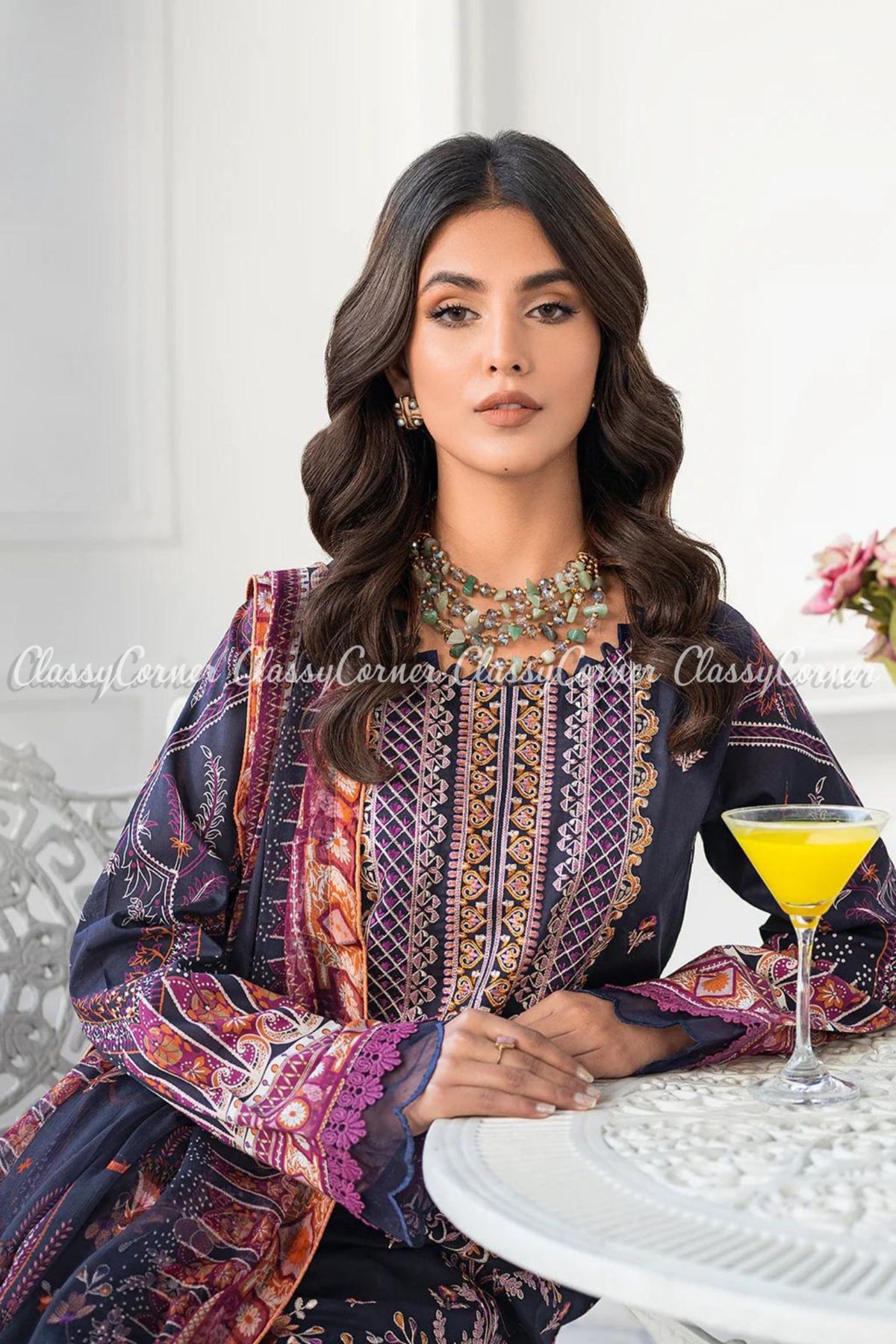 Navy Blue Orange Printed Lawn Embroidered Salwar Kameez