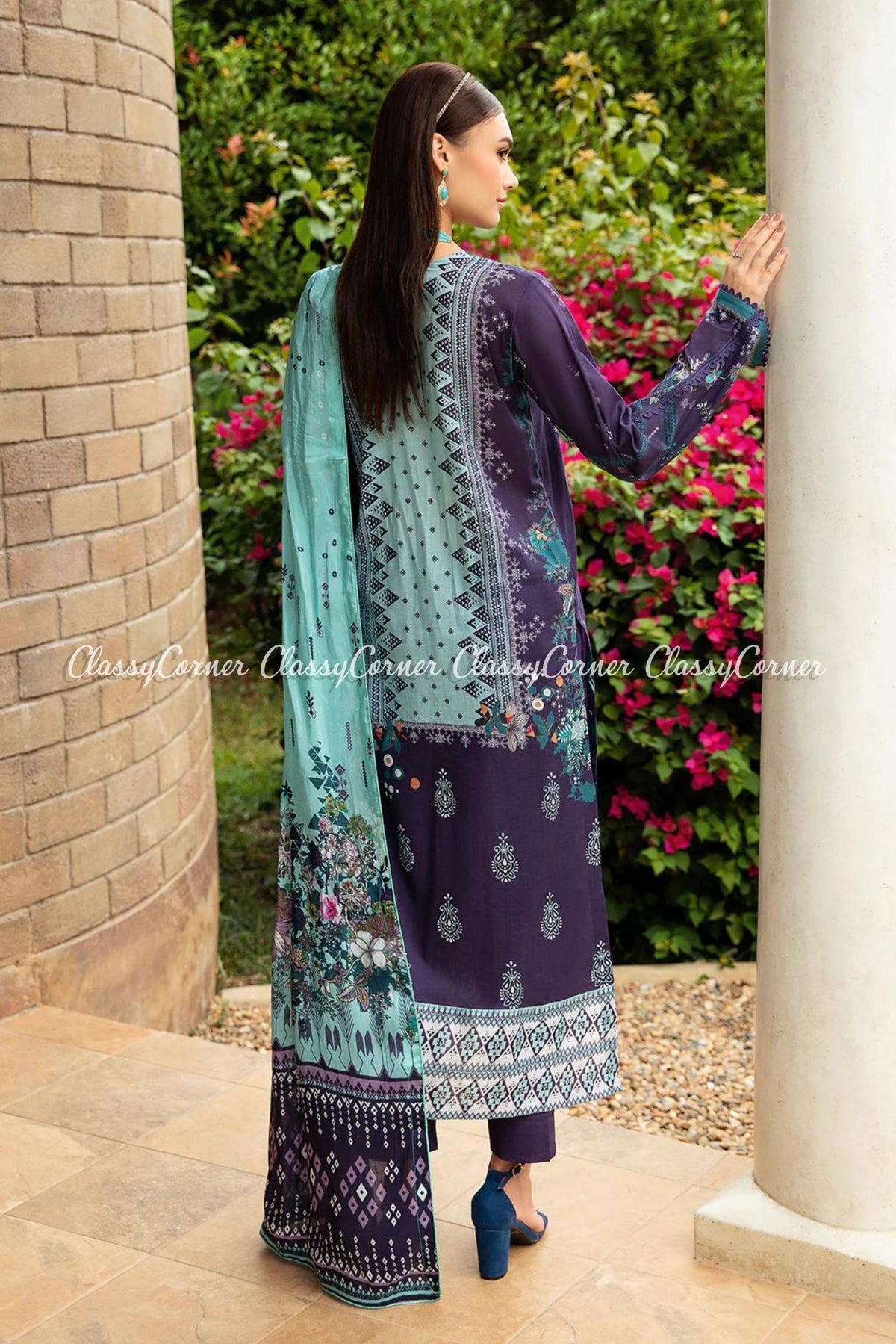 Navy Blue Embroidered Lawn Salwar Kameez