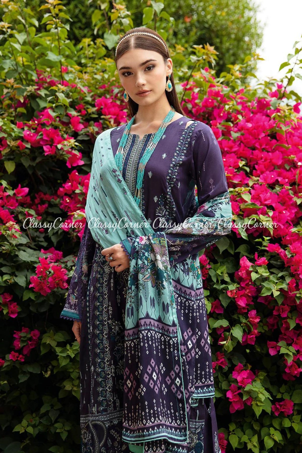 Navy Blue Embroidered Lawn Salwar Kameez