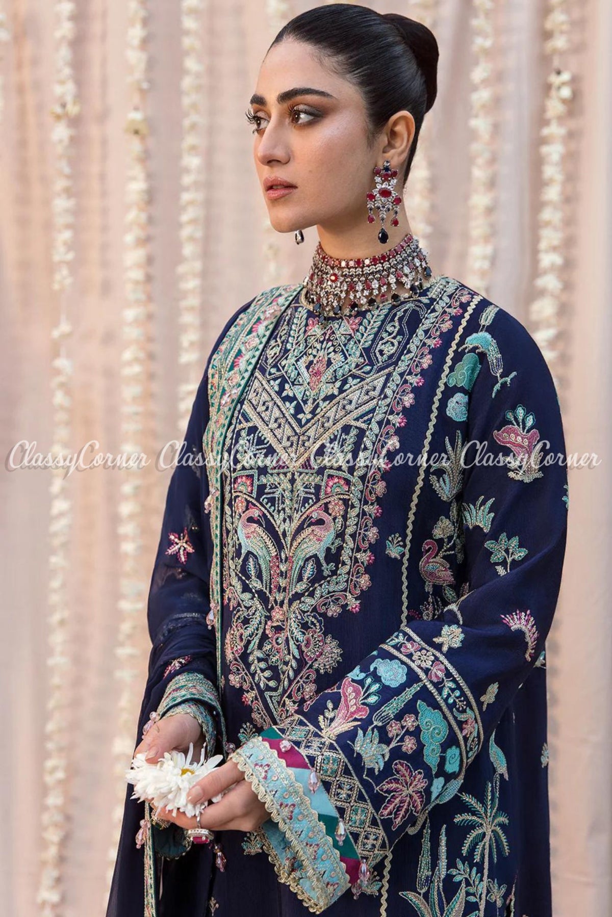 Navy Blue Multi Raw Silk Embroidered Party Wear Salwar Kameez