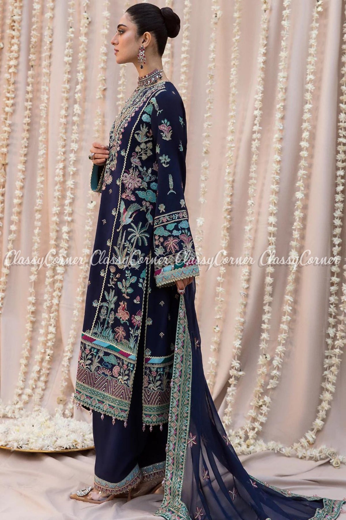 Navy Blue Multi Raw Silk Embroidered Party Wear Salwar Kameez