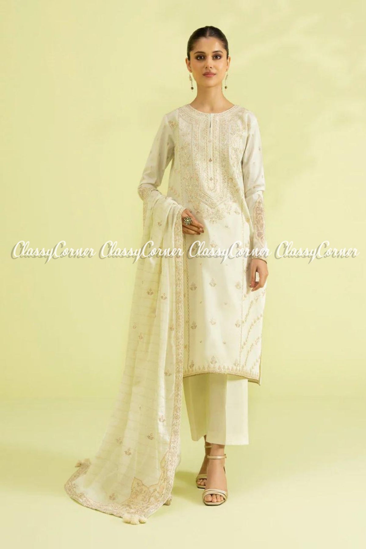 Off White Lawn Embroidered Formal Wear Salwar Kameez