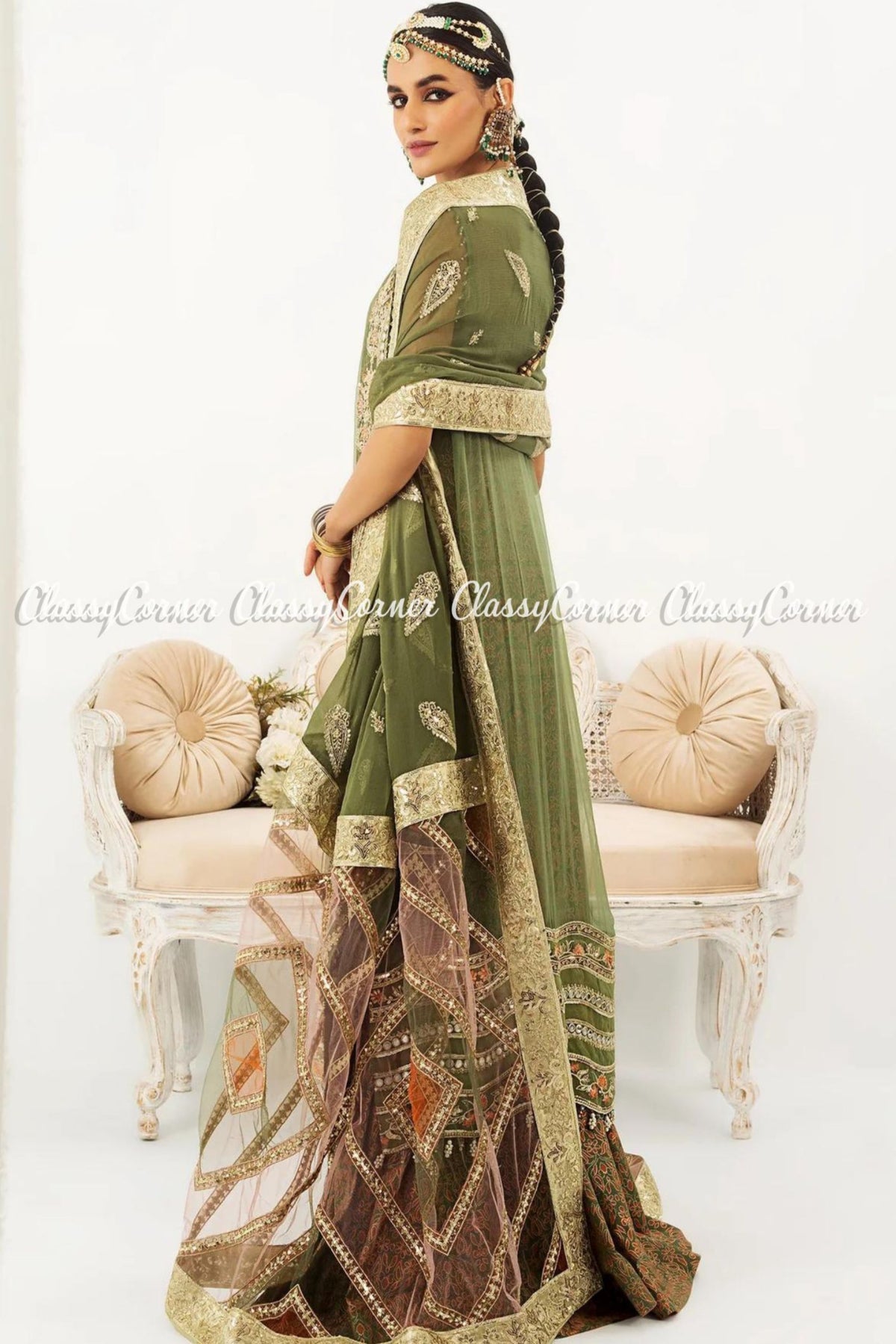 Olive Green Golden Chiffon Embroidered Party Wear Outfit