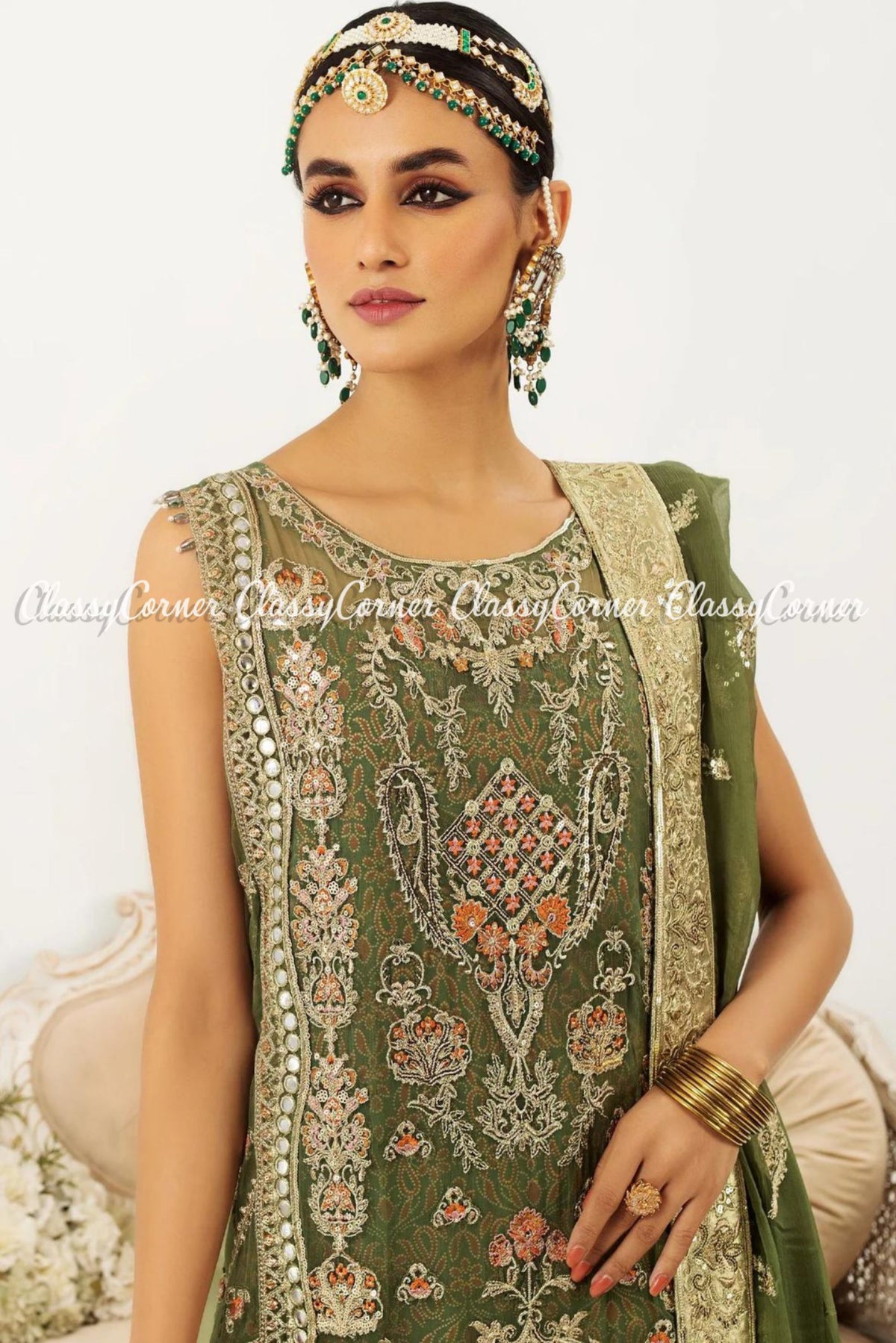 Olive Green Golden Chiffon Embroidered Party Wear Outfit