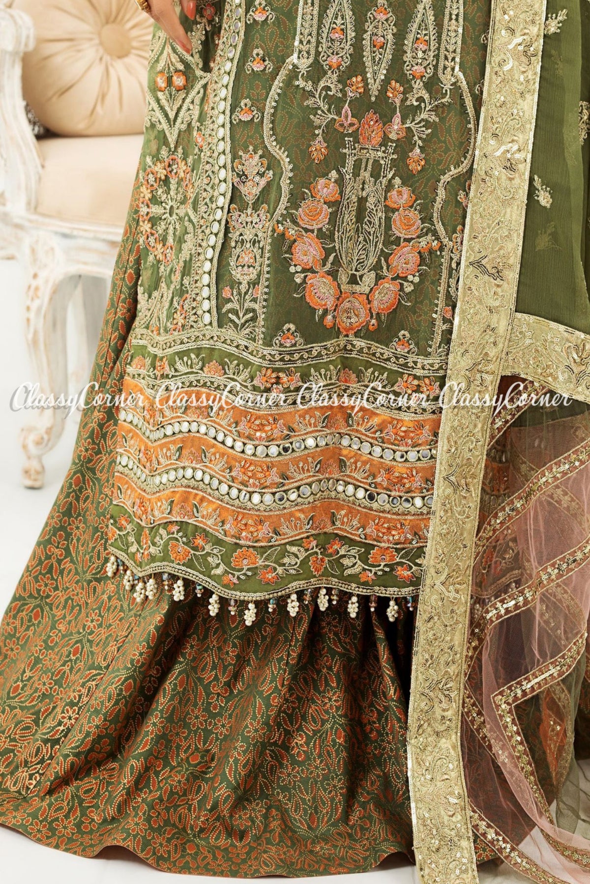 Olive Green Golden Chiffon Embroidered Party Wear Outfit