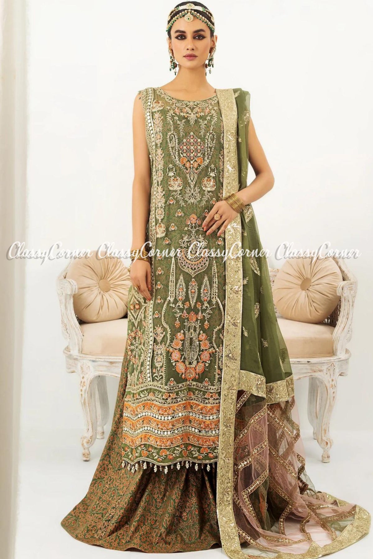 Olive Green Golden Chiffon Embroidered Party Wear Outfit