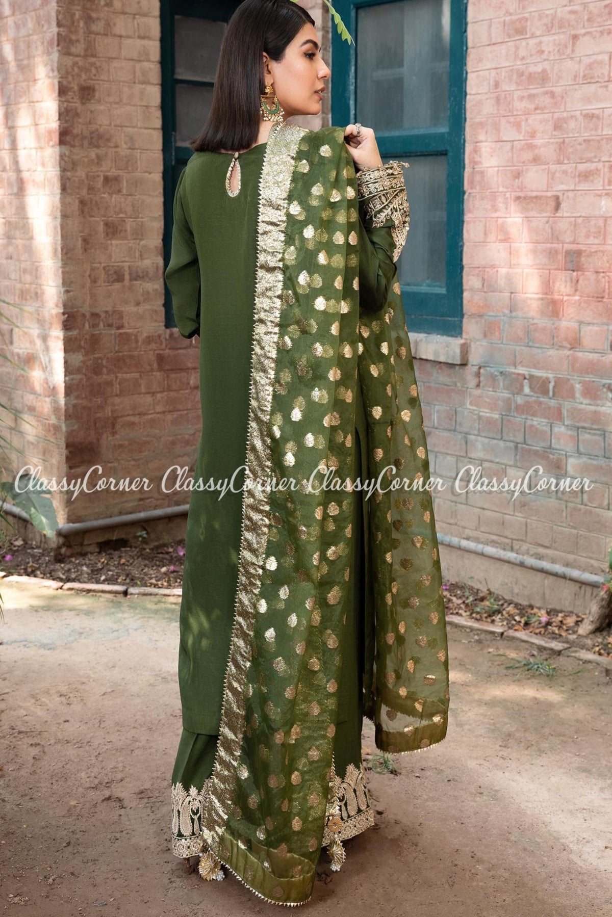 Pakistani Olive Green Khaddi Silk Salwar Kameez