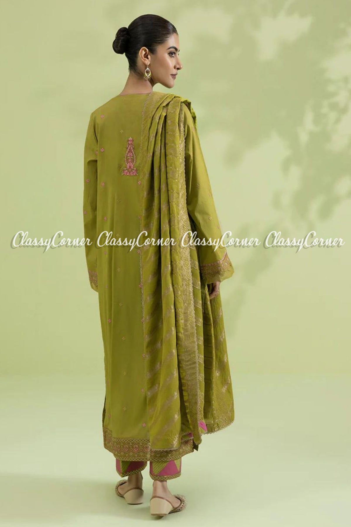 Olive Green Lawn Embroidered Pakistani Salwar Kameez