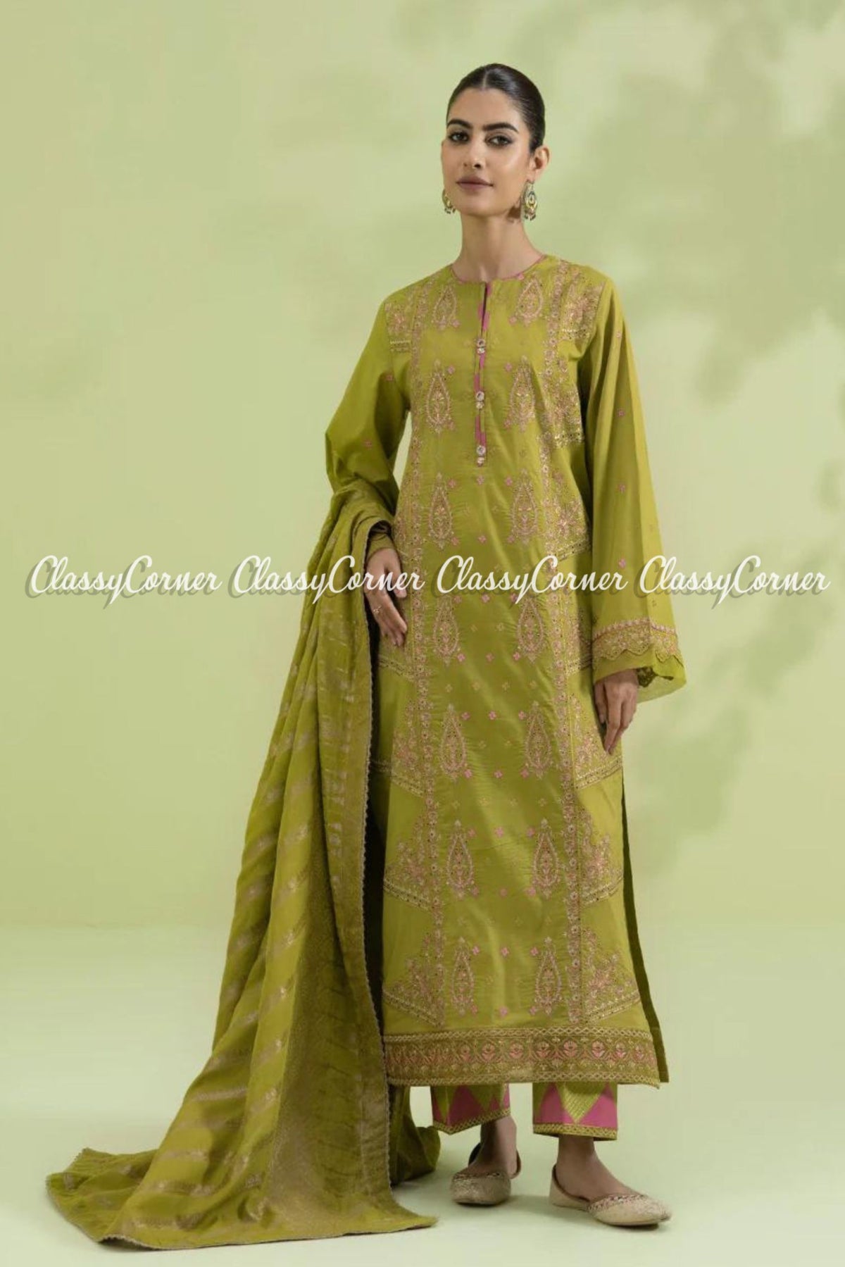 Olive Green Lawn Embroidered Pakistani Salwar Kameez