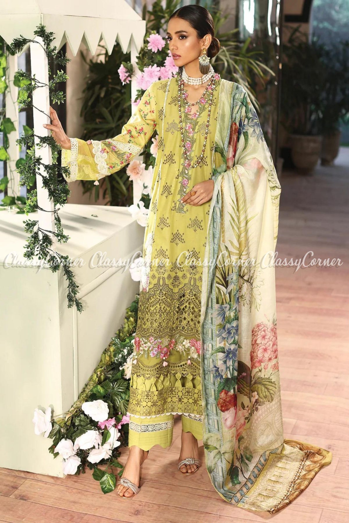 Olive Green Cream Lawn Embroidered Salwar Kameez