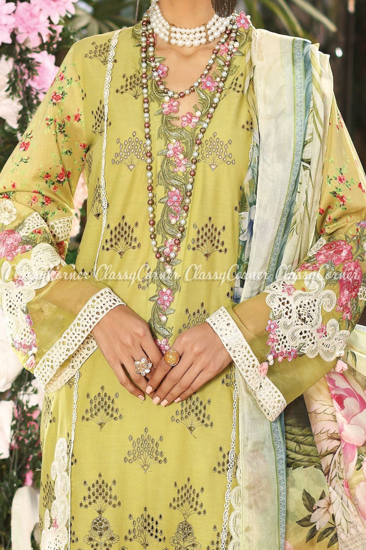 Olive Green Cream Lawn Embroidered Salwar Kameez