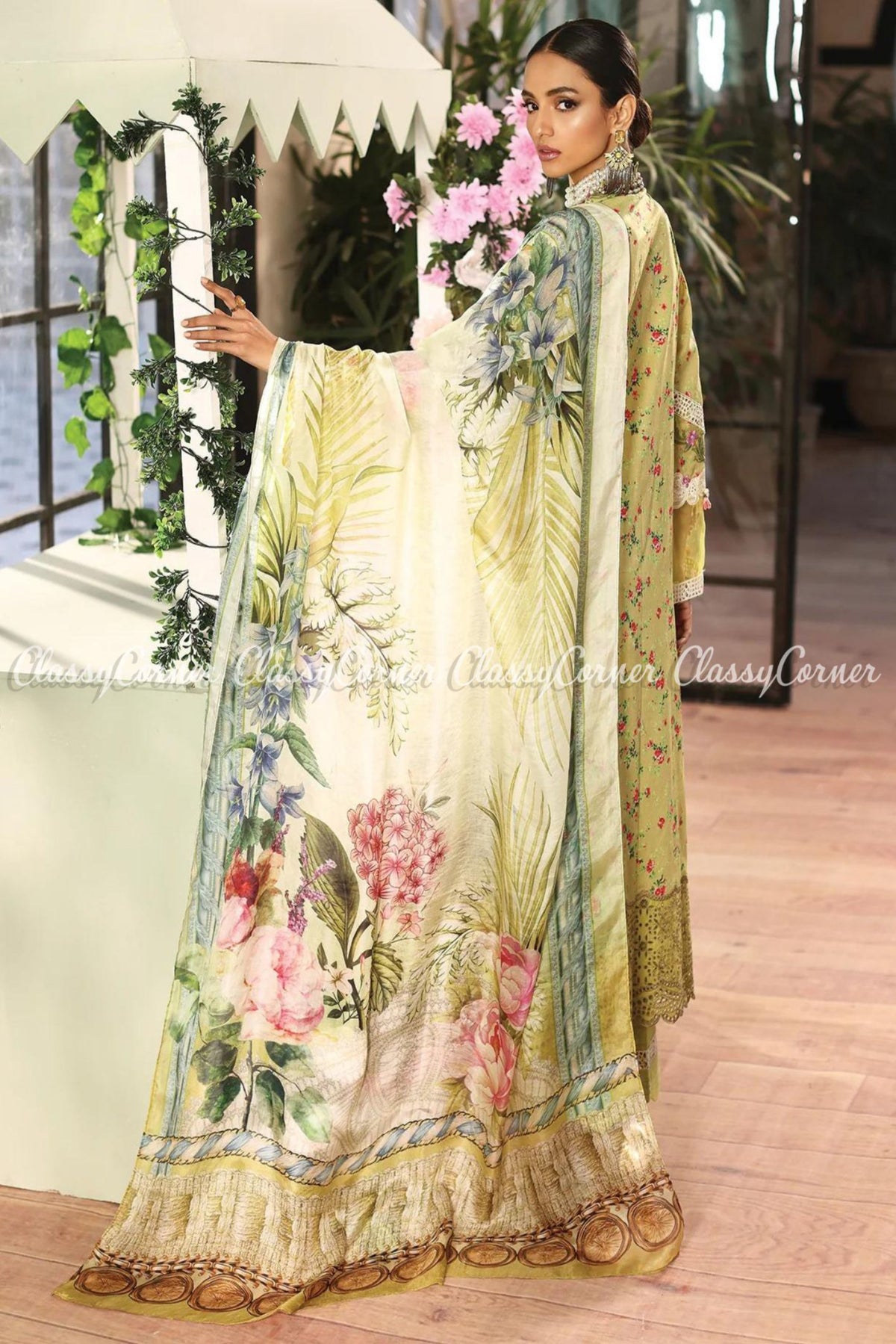 Olive Green Cream Lawn Embroidered Salwar Kameez