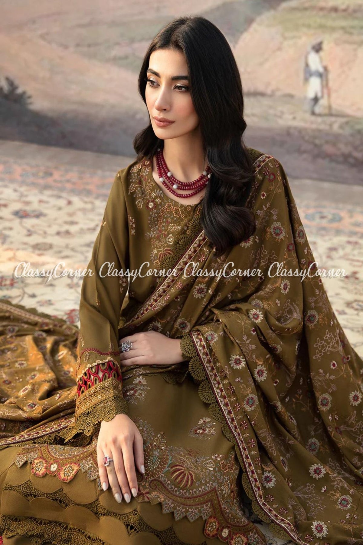 Olive Red Karandi Embroidered Suit