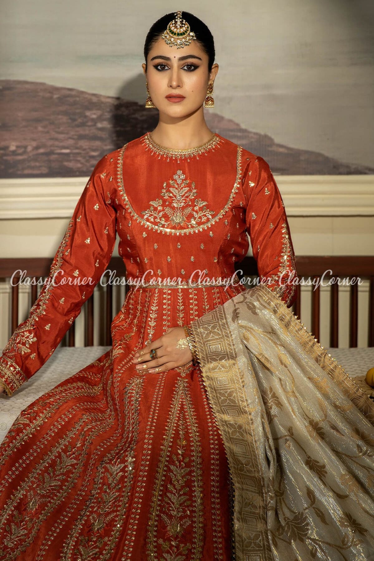 Pakistani Orange Golden Silk Embroidered Bridal Wear Gown