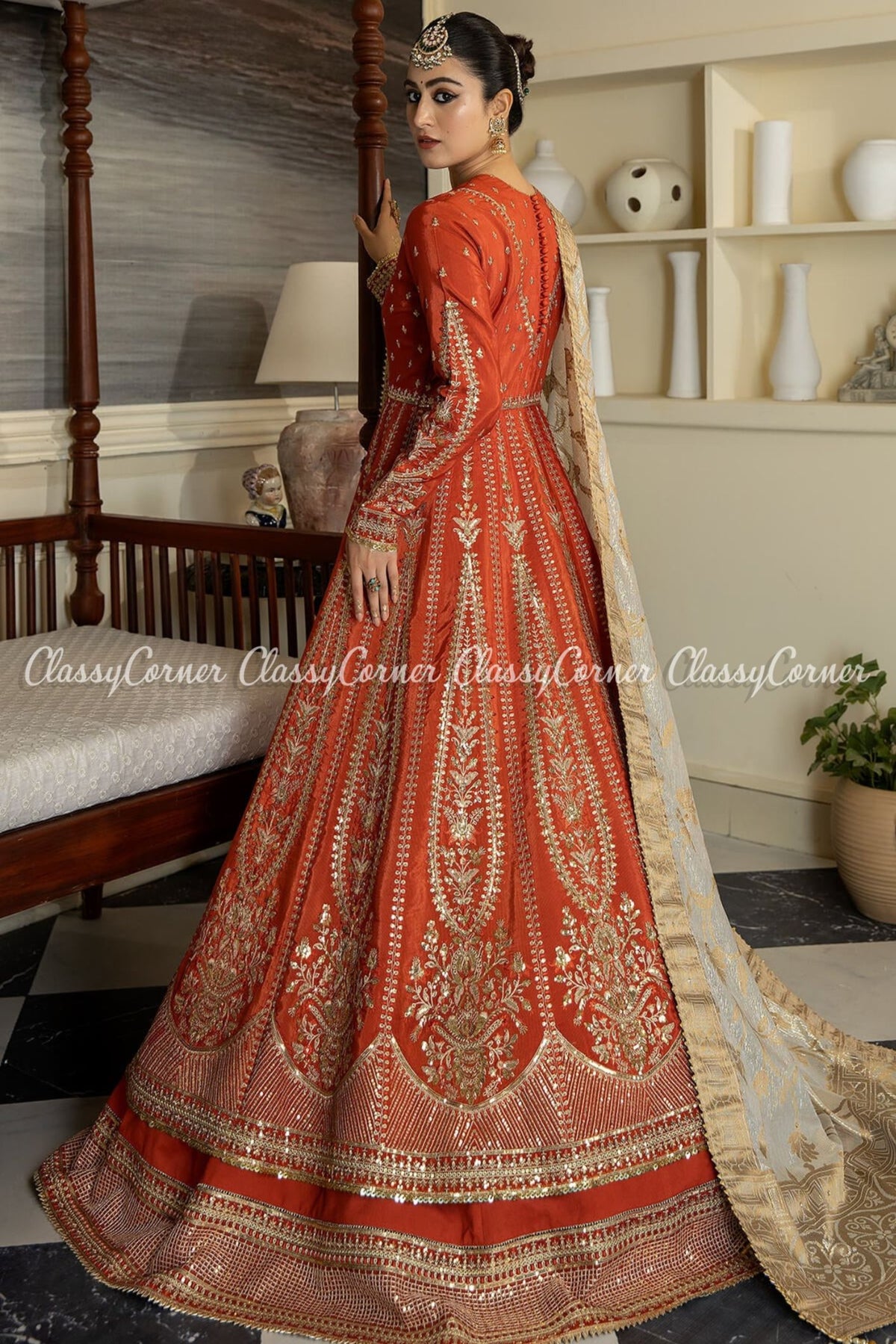 Pakistani Orange Golden Silk Embroidered Bridal Wear Gown