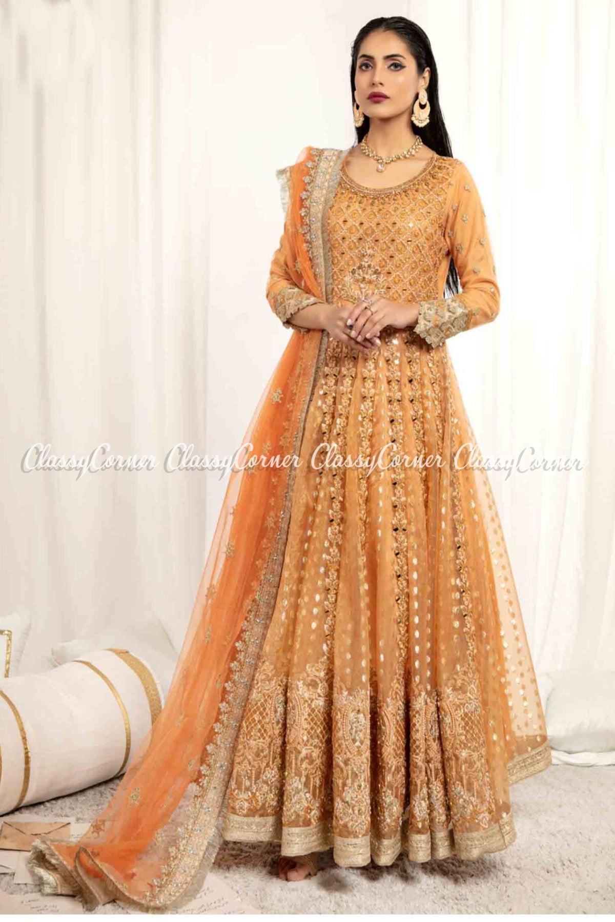 Orange Organza Embroidered Party Wear Gown