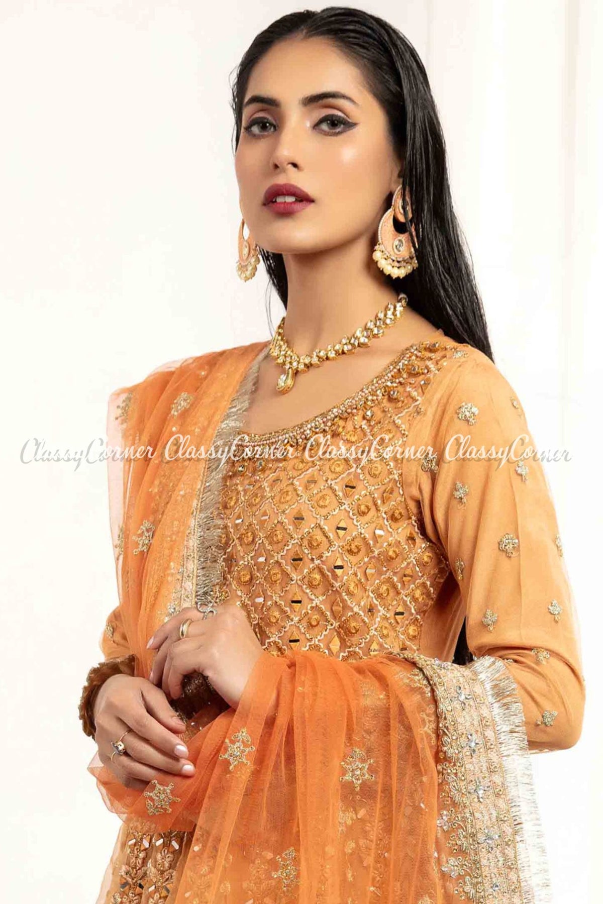 Orange Organza Embroidered Party Wear Gown