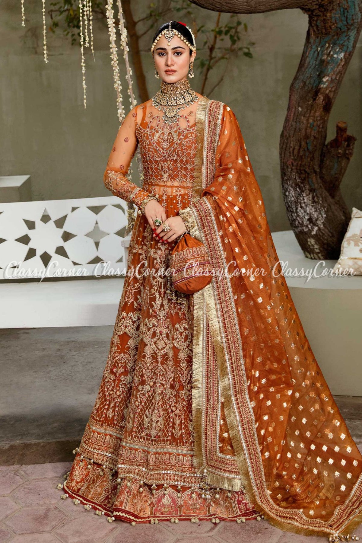 Orange Golden Net Embroidered Wedding Wear Gown Lehenga Dress