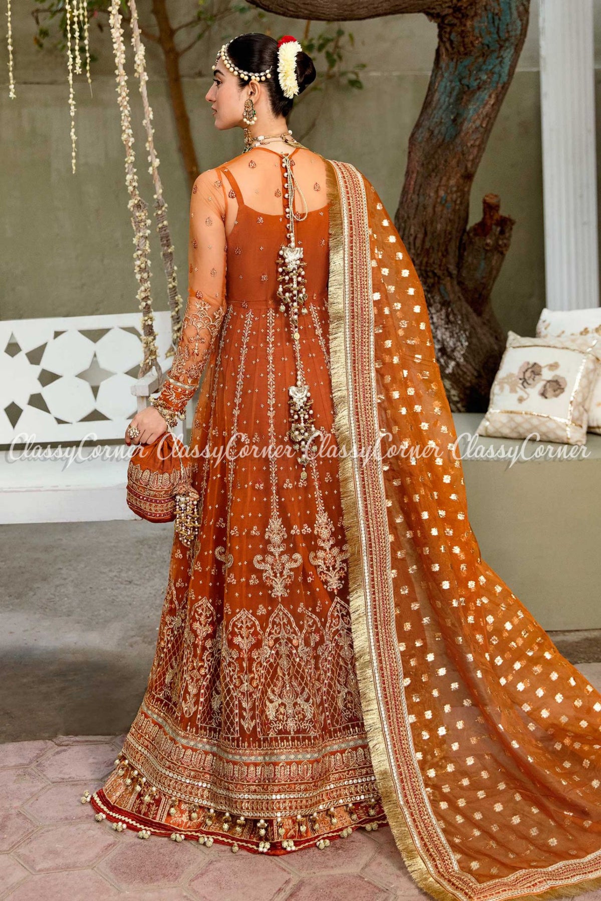 Orange Golden Net Embroidered Wedding Wear Gown Lehenga Dress