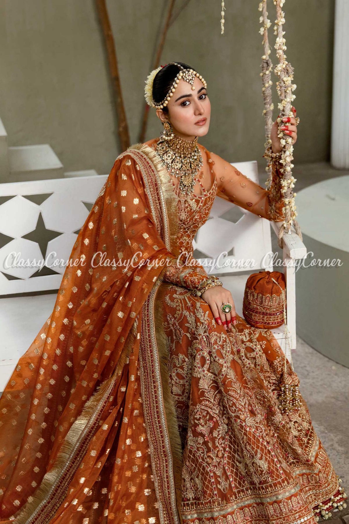 Orange Golden Net Embroidered Wedding Wear Gown Lehenga Dress