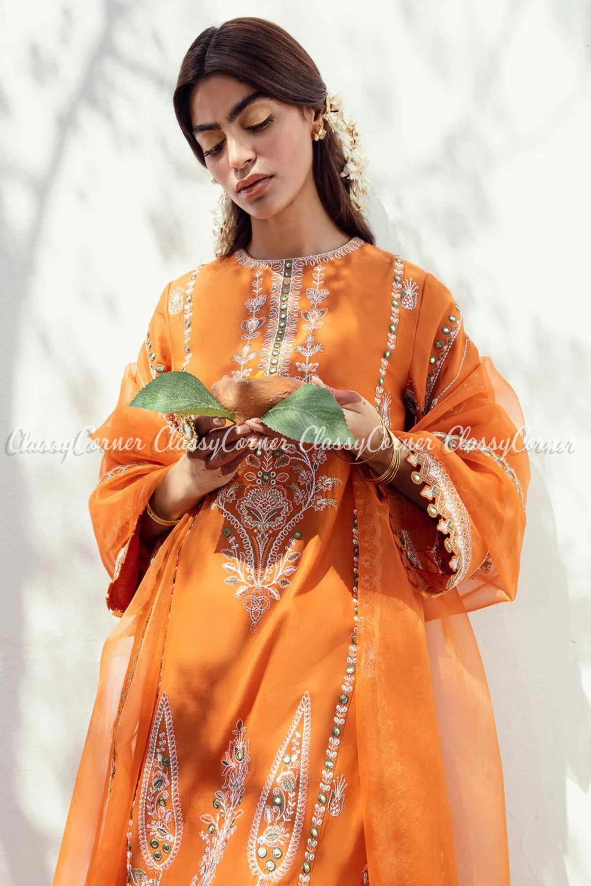 Orange Lawn Embroidered Formal Wear Gharara Dress