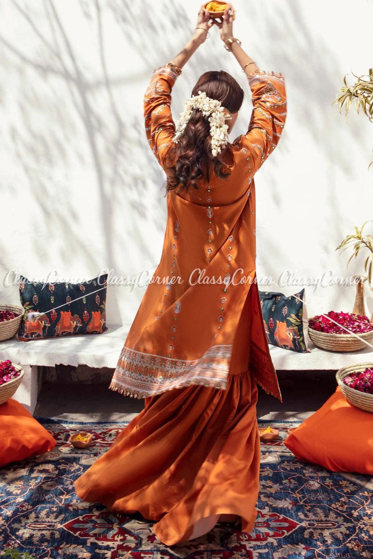 Orange Lawn Embroidered Formal Wear Gharara Dress