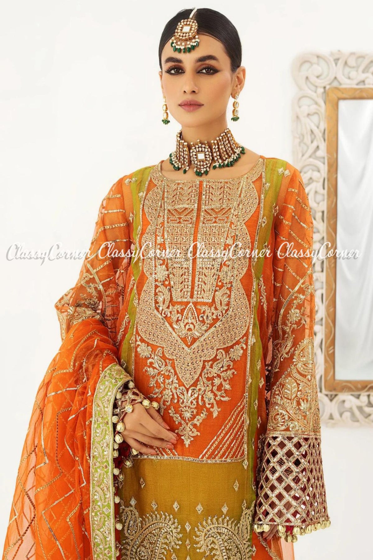 Orange Golden Embroidered Wedding Wear Dress