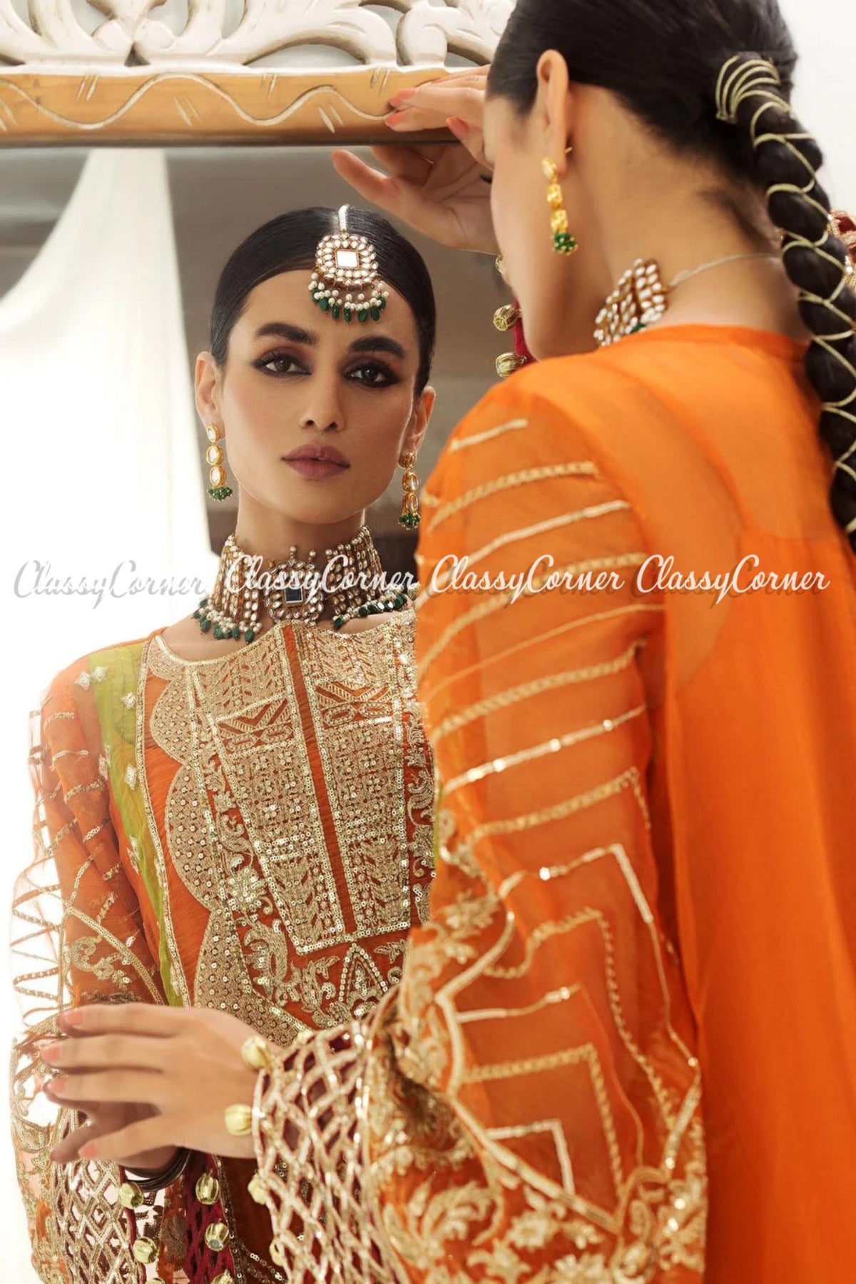 Orange Golden Embroidered Wedding Wear Dress