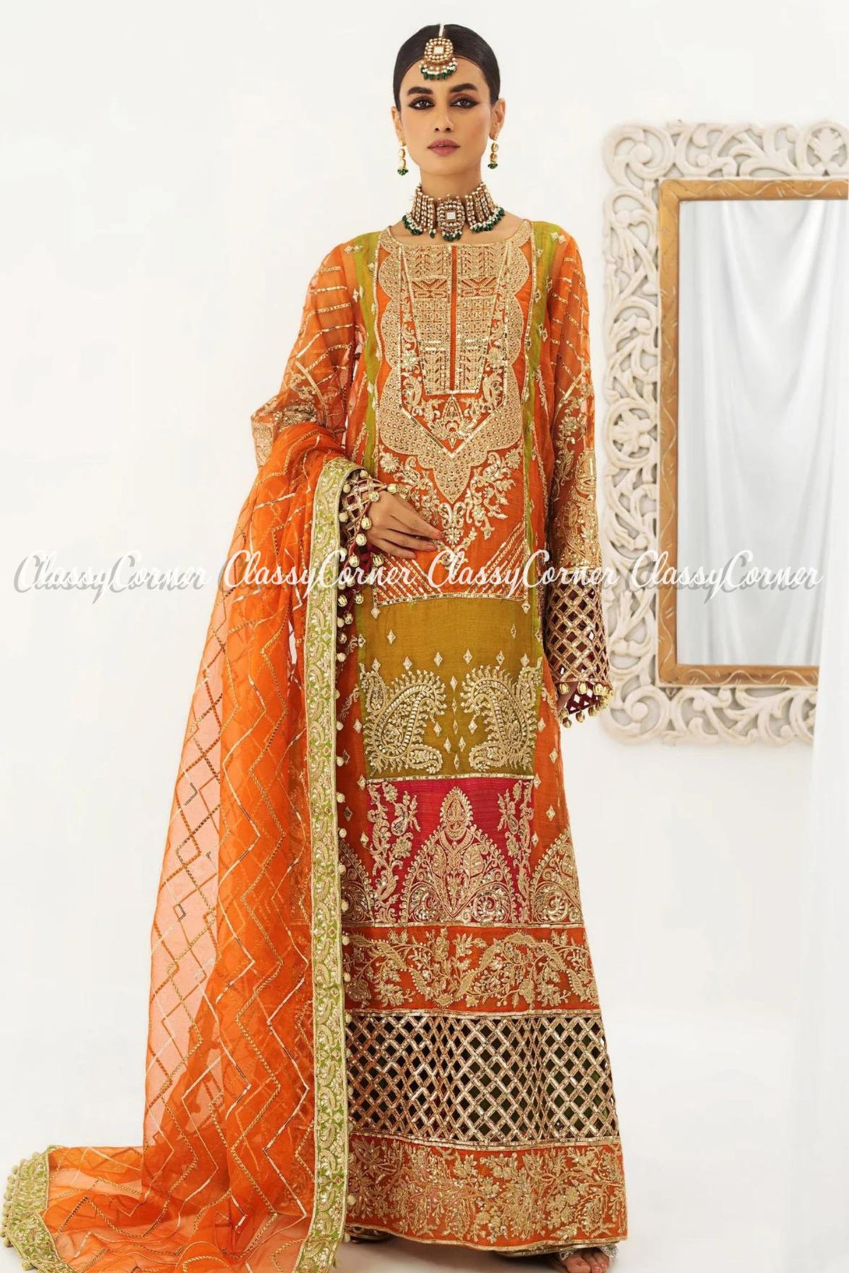 Orange Golden Embroidered Wedding Wear Dress