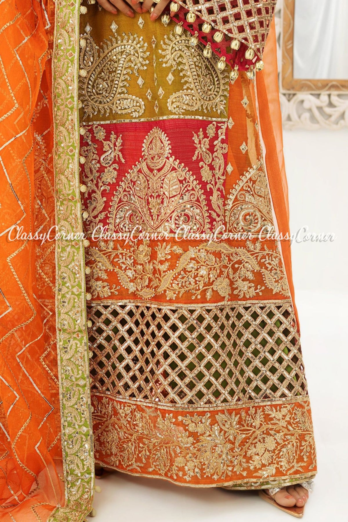 Orange Golden Embroidered Wedding Wear Dress