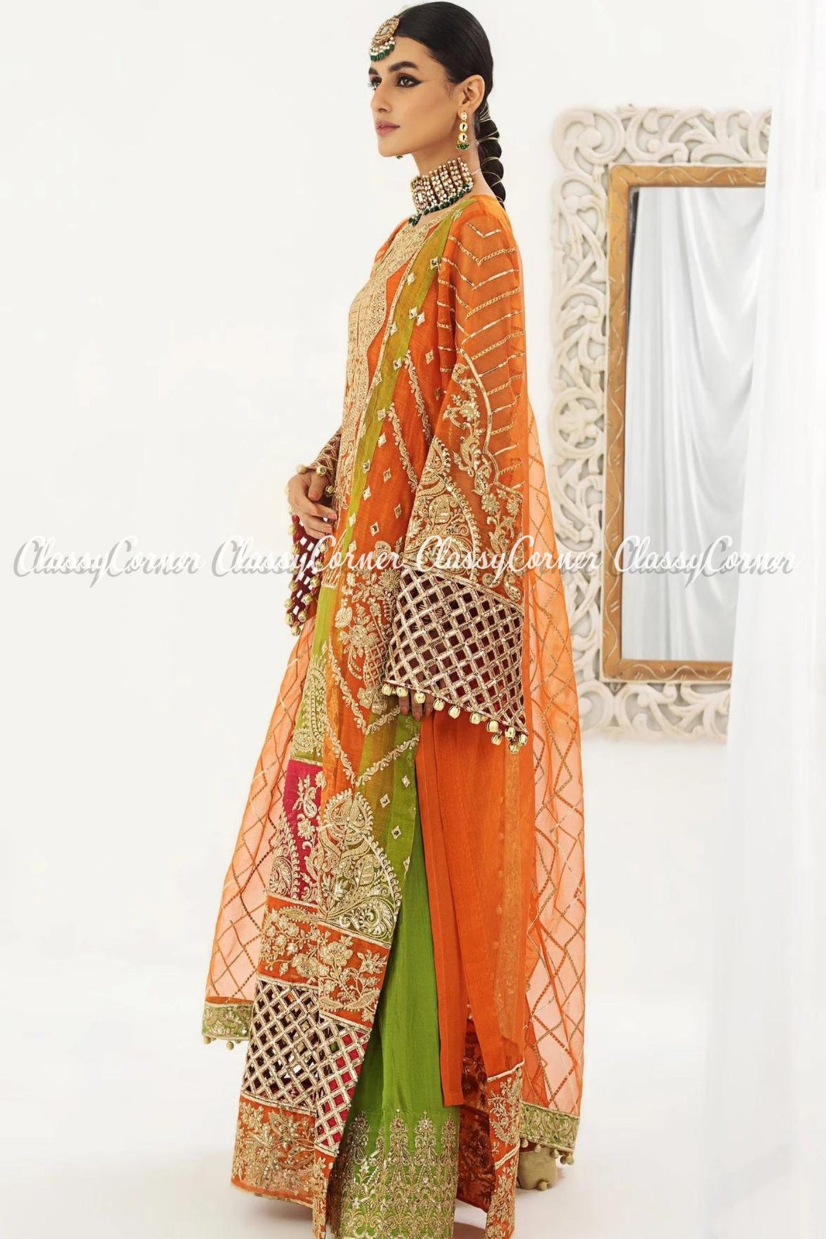 Orange Golden Embroidered Wedding Wear Dress