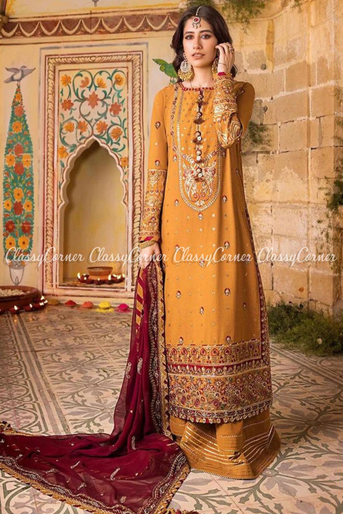 Orange Maroon Lawn Embroidered Party Wear Sharara