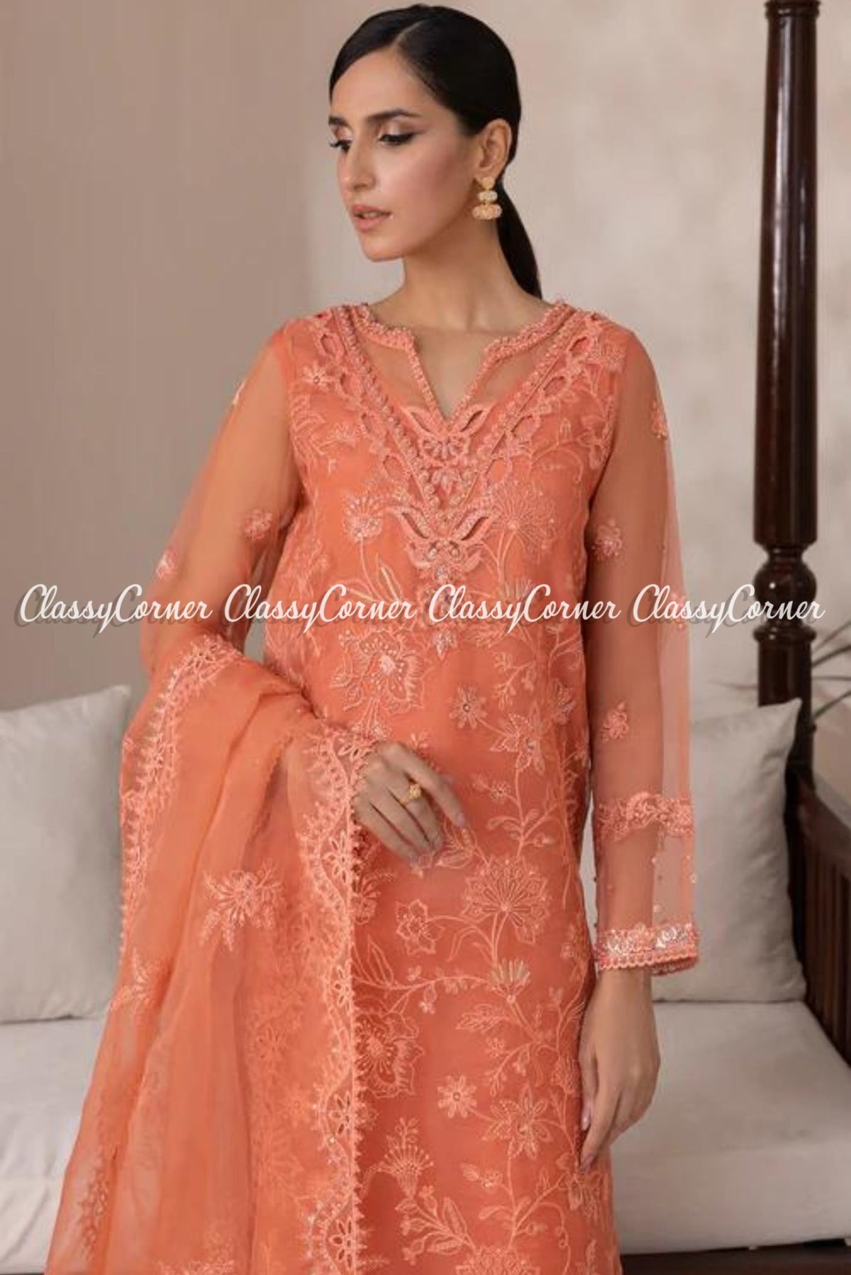 Orange Organza Embroidered Pakistani Salwar Kameez