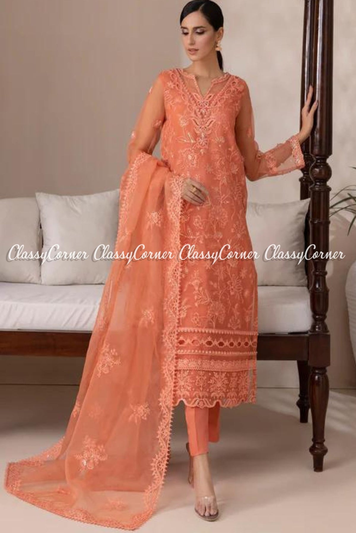 Orange Organza Embroidered Pakistani Salwar Kameez