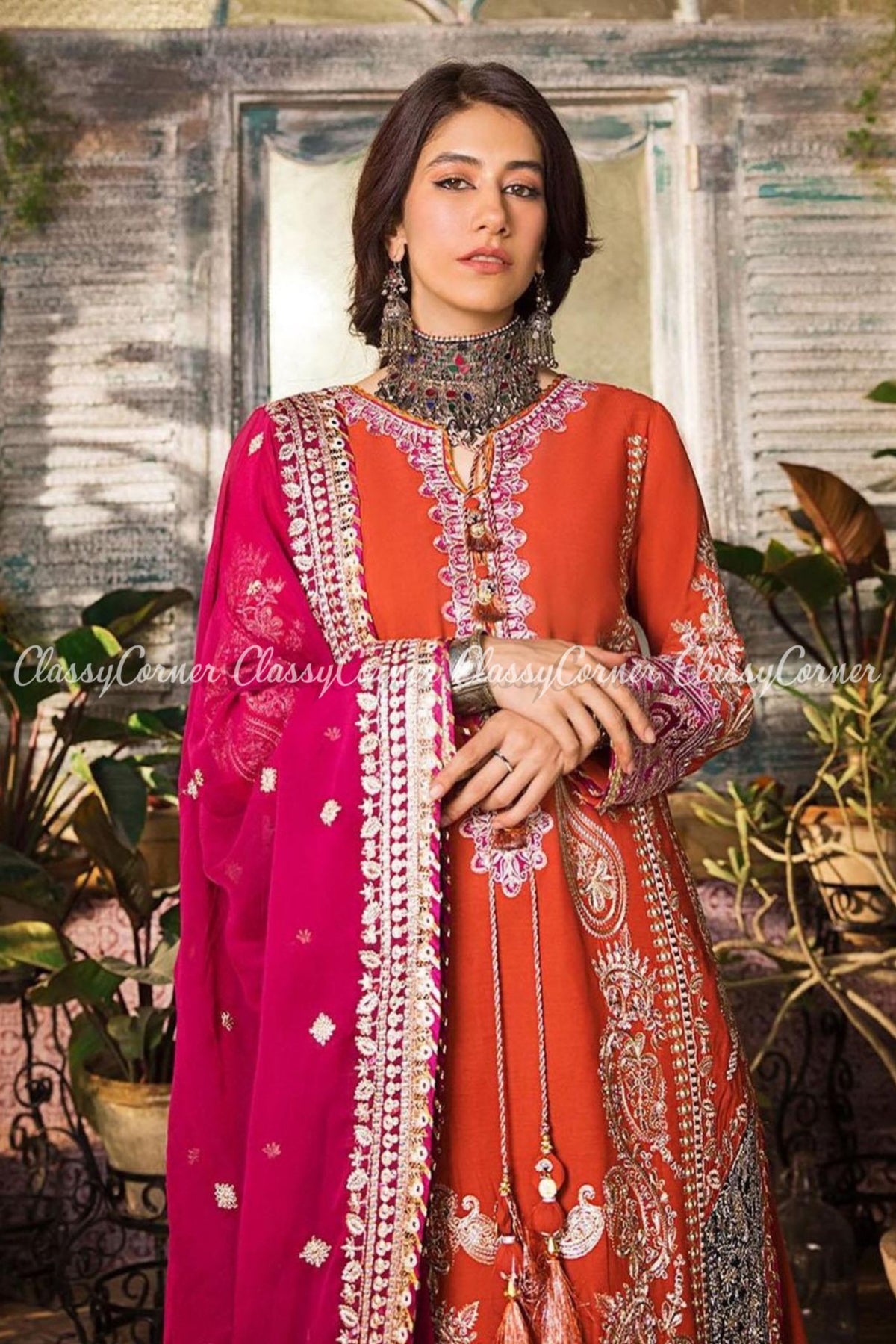 Orange Hot Pink Lawn Embroidered Party Wear Sharara