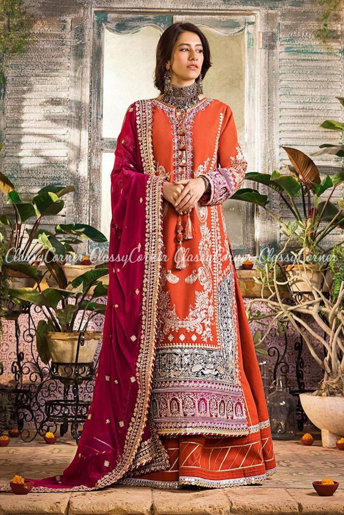 Orange Hot Pink Lawn Embroidered Party Wear Sharara