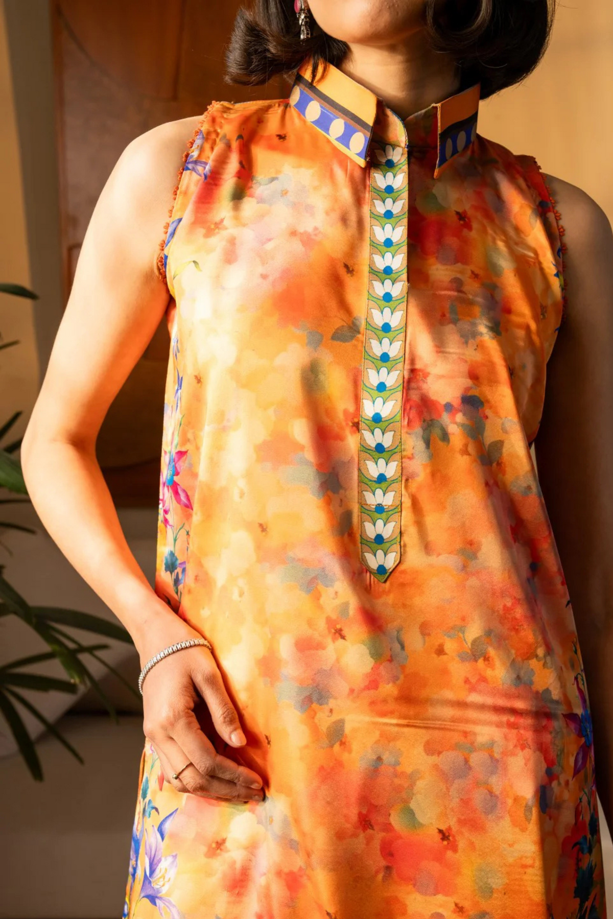 Orange Printed Silk Suit