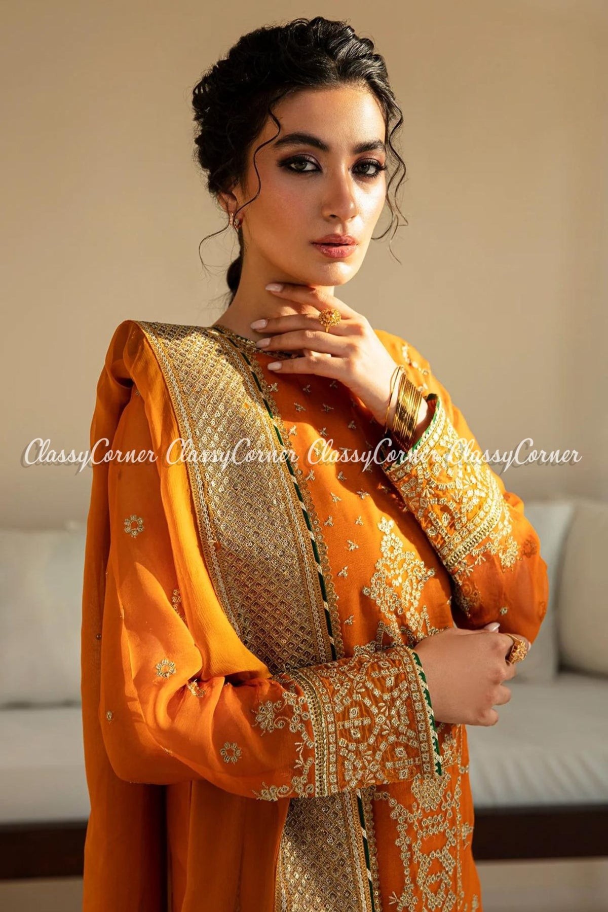 Orange Golden Chiffon Embroidered Salwar Kameez