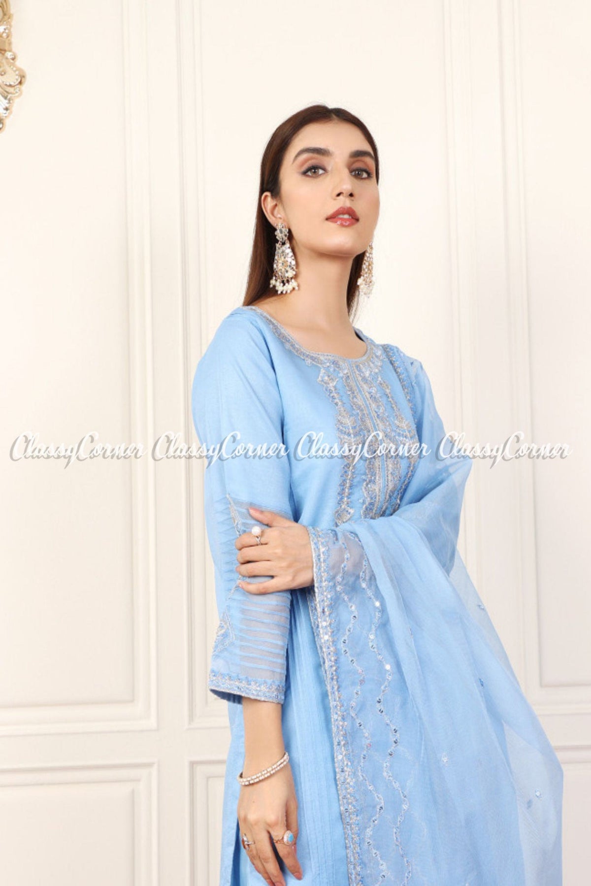 Pakistani Blue Organza Net Embroidered Readymade Outfits