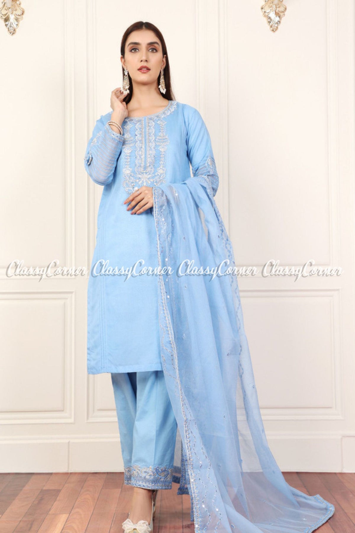 Pakistani Blue Organza Net Embroidered Readymade Outfits