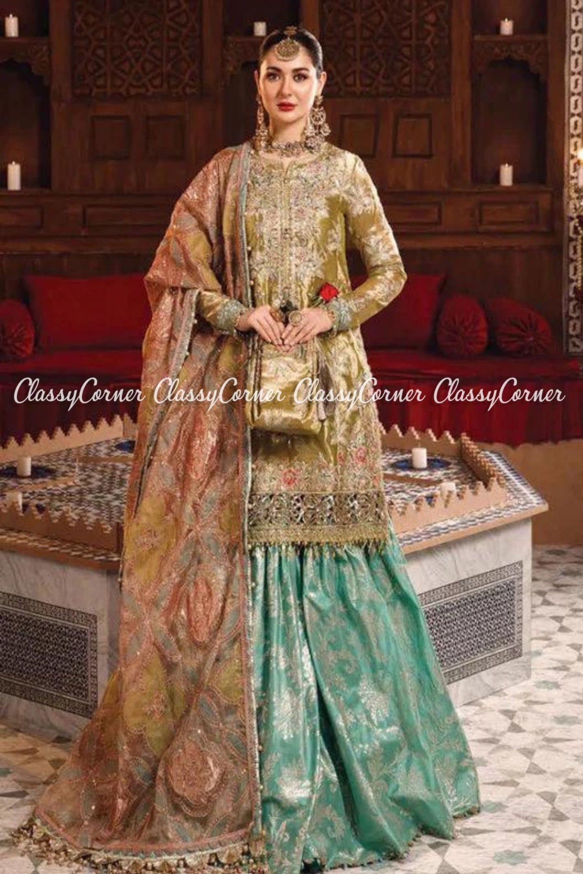 Olive Green Zinc Tissue Embroidered Wedding Wear Outfit