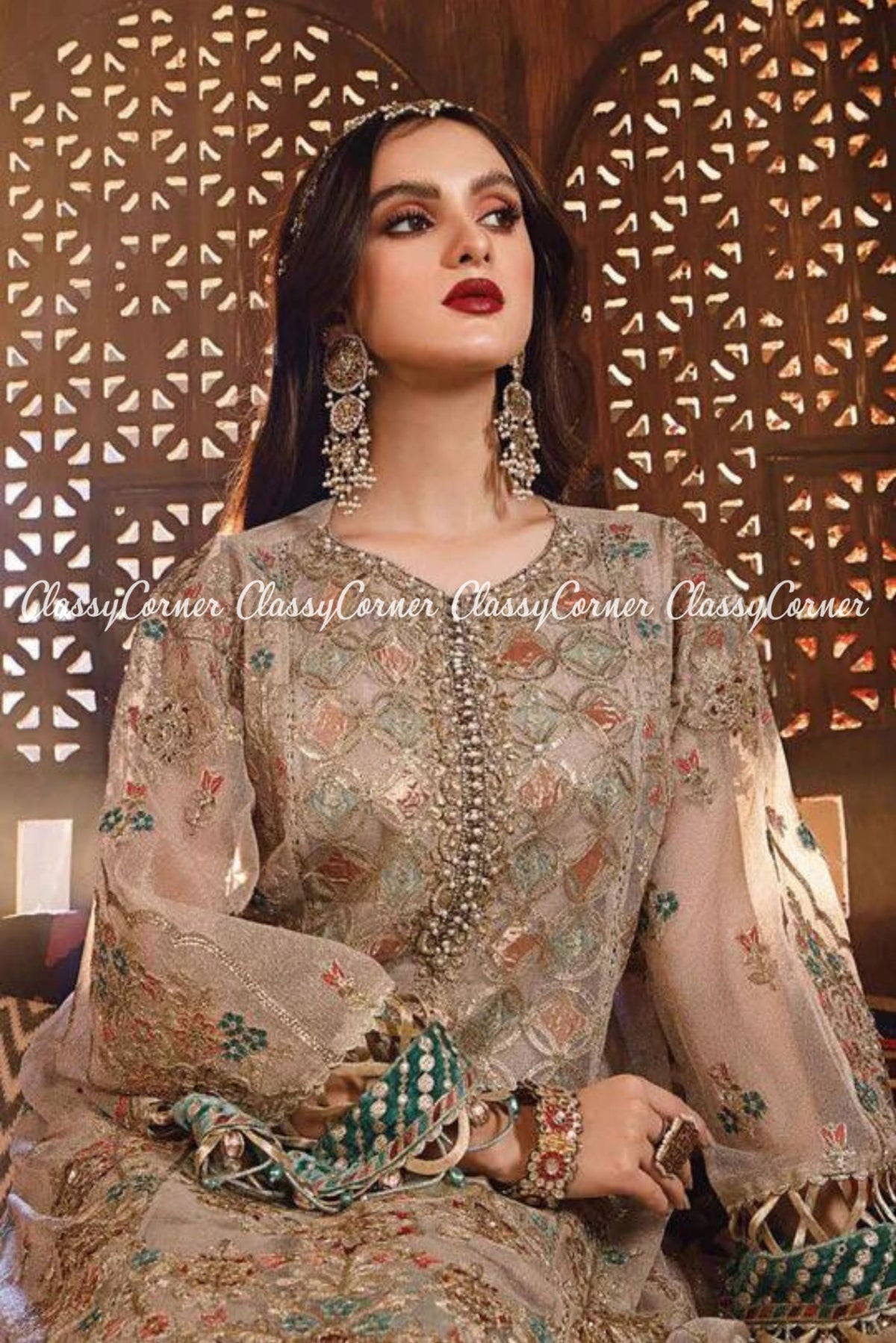 Beige Zinc Zari Net Embroidered Party wear 3 Piece Outfit