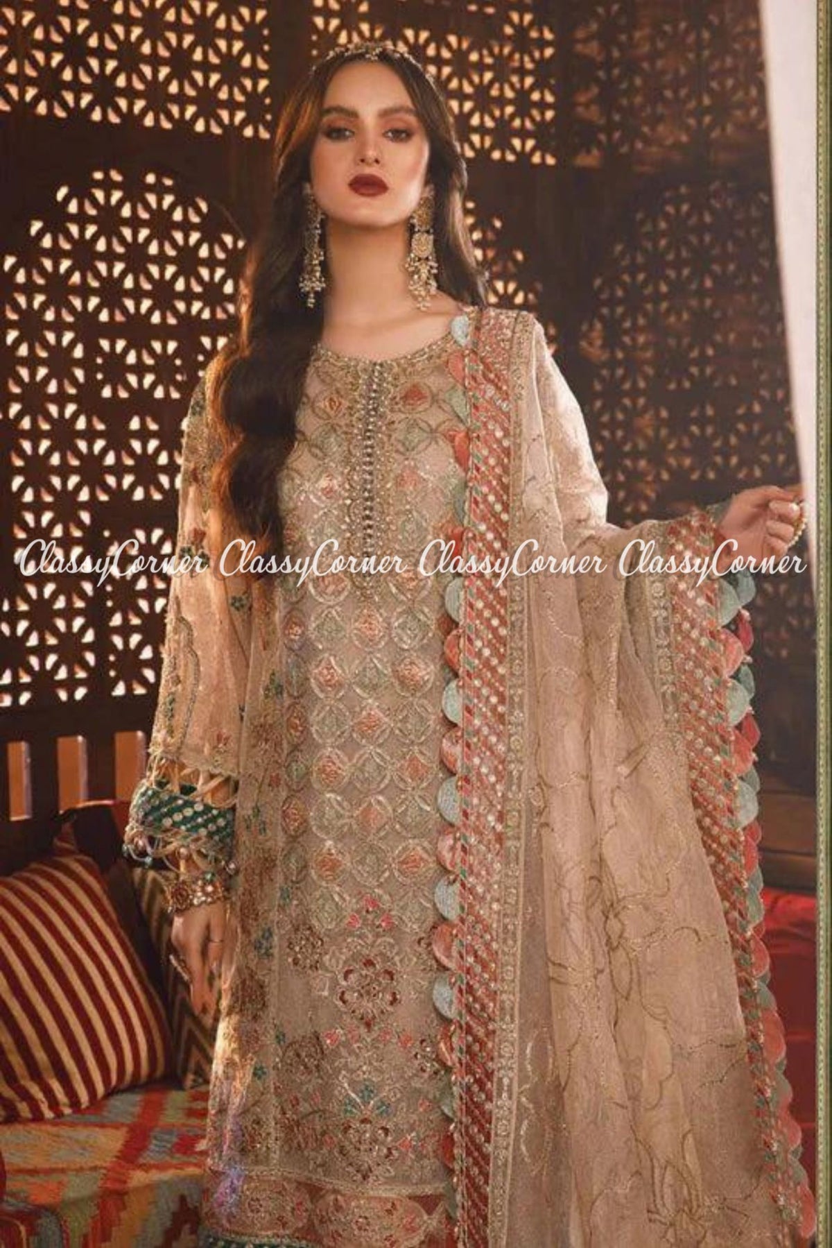 Beige Zinc Zari Net Embroidered Party wear 3 Piece Outfit